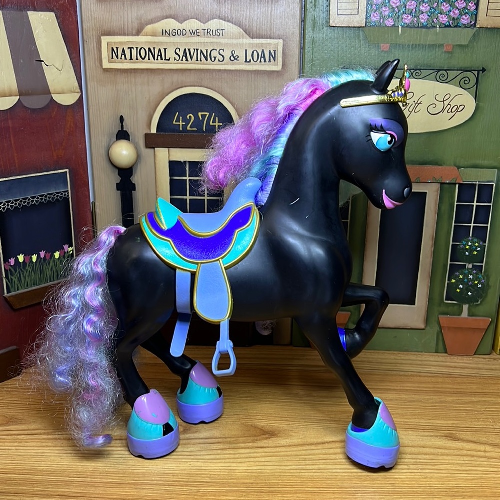 Vintage 2002 Kid Kore Rainbow Horse with Crown & Saddle L 9” x H 10.5”